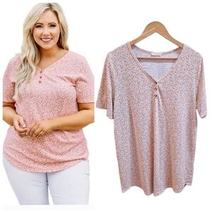 Chic Soul Pink Boho Mini Floral V-Neck Cottagecore Coastal Grandma Plus Size Tee
